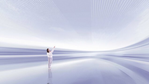 Futuristic poster woman pointing upward in abstract speed light tunnel. Concept of data driven decision making, technology platform launch, real estate digital transformation, and strategic growth.