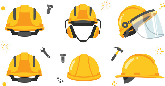 Construction safety helmet vector set with protective hard hats face shield earmuffs and tools for engineering and industrial design.