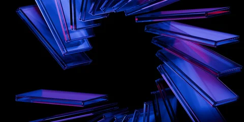 Cyber elements made of transparent glass and liquid acrylic purple blue glow on black backdrop cinematic tech background design cover art visuals 3d rendering © IM_VISUALS