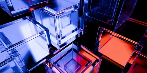 Cyber elements made of transparent glass and liquid acrylic purple blue glow on black backdrop cinematic tech background design cover art visuals 3d rendering © IM_VISUALS