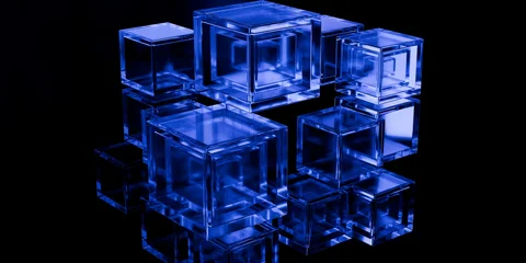 Cyber elements made of transparent glass and liquid acrylic purple blue glow on black backdrop cinematic tech background design cover art visuals 3d rendering © IM_VISUALS