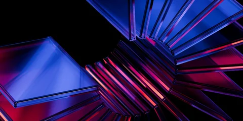 Cyber elements made of transparent glass and liquid acrylic purple blue glow on black backdrop cinematic tech background design cover art visuals 3d rendering © IM_VISUALS