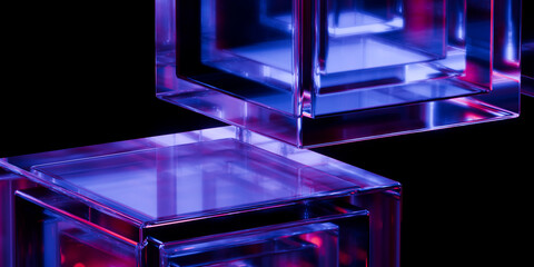 Cyber elements made of transparent glass and liquid acrylic purple blue glow on black backdrop cinematic tech background design cover art visuals 3d rendering © IM_VISUALS