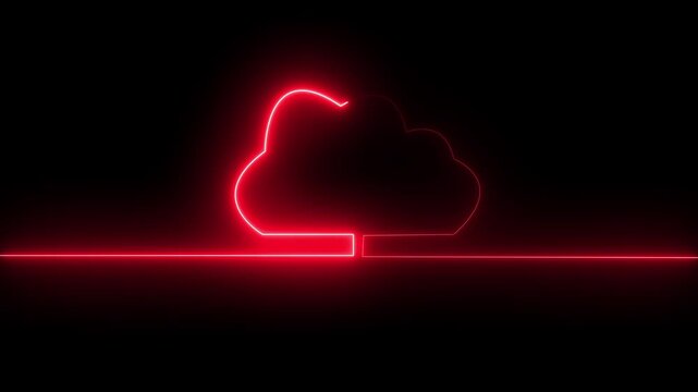Red Neon Cloud Icon on Black Background symbol icon. Digital network neon line animation video concept. 