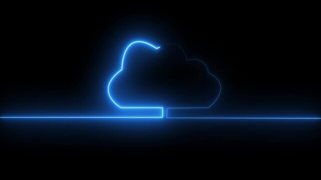 Blue Neon Cloud Outline on Black Background weather network neon line animation video concept. 