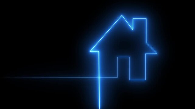 Neon Blue House Outline on Black Background home real estate home icon animation video concept. 