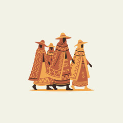 Naklejka premium Cultural Ensemble: A group of figures, adorned in traditional attire and headwear, walk in unison, embodying cultural heritage and communal identity. 