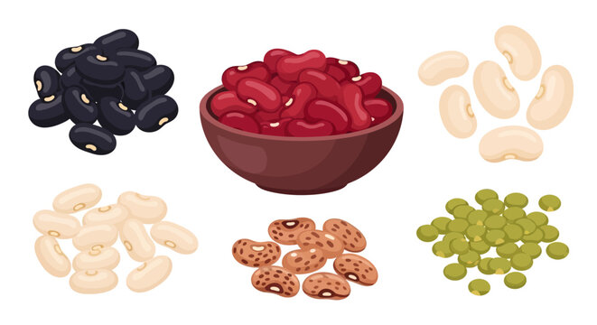Variety of colorful beans displayed in separate piles and a bowl