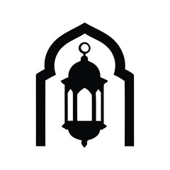 Elegant black silhouette vector graphic of a traditional Islamic or Arabic lantern, featuring a crescent moon motif within a decorative archway, perfect for festive designs
