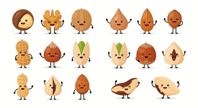Cute cartoon nuts and seeds characters with smiling faces displayed together