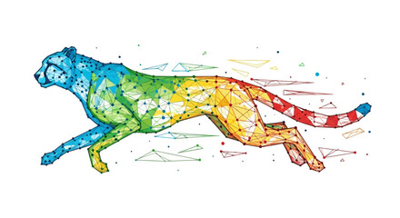 A colorful polygonal cheetah running swiftly across a white background © Santirani