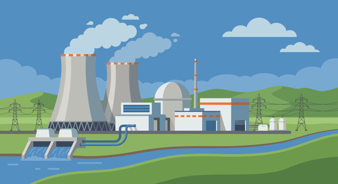 Nuclear power plant vector illustration with cooling towers, a reactor, and power lines in a green landscape with a river, showing energy generation and industrial infrastructure