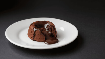 Luxury chocolate lava cake with melted center, served on a white plate, dark background, soft natural lighting, shallow depth of field, high detail, realistic food photography, 85mm lens