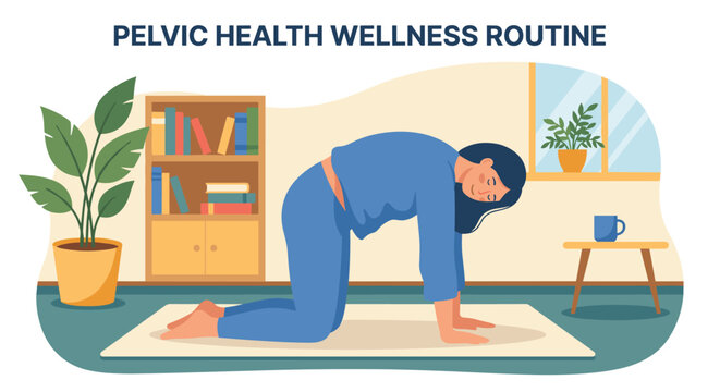 Woman in blue pajamas performing a pelvic tilt exercise on a mat in a cozy room as part of her daily pelvic health and wellness routine