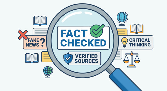Large magnifying glass focusing on fact-checked and verified sources, surrounded by icons representing critical thinking, knowledge, and the rejection of fake news