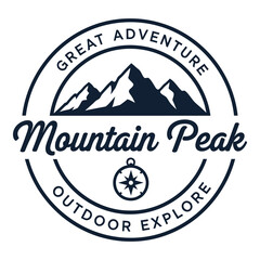 Mountain Peak logo with compass and great adventure outdoor explore icon
