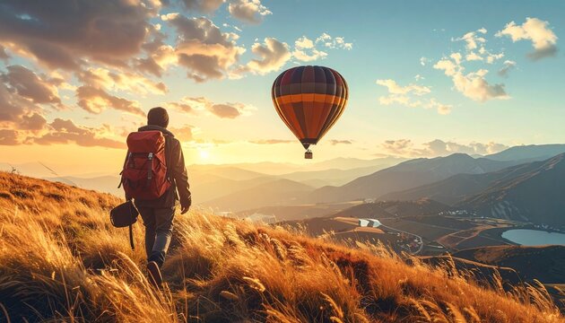 Hiker with Backpack Walking towards Hot Air Balloon at Sunset.