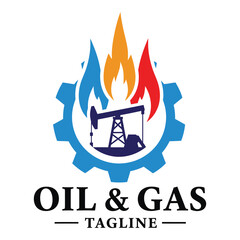 Oil and gas industry logo with pumpjack gear and flames  energy sector symbol icon