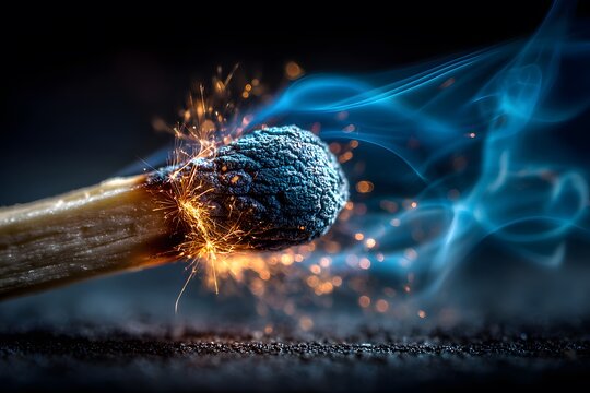 Macro photography captures a matchstick being struck at the exact moment of ignition with flying sparks and swirling blue smoke against dark.