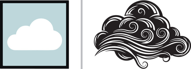 Fototapeta premium A split vector showing a simple white cloud on a light blue square background next to an ornate, black and white woodcut-style cloud with swirling wind patterns.