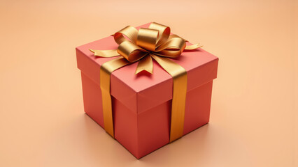 Obraz premium Red gift box with gold ribbon, festive present, celebration, surprise, elegant packaging, joyful mood, isolated on peach background