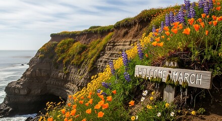 Fototapeta premium Cliffside coastal path with wildflowers and ocean view at Hastings March