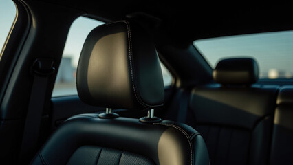 Black leather car seat headrest modern interior luxury sedan sunlight stitching detail comfortable elegant automotive design