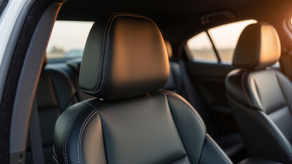 Black leather car seat modern interior luxury sedan sunlight comfortable stitching detail headrest elegant premium transportation