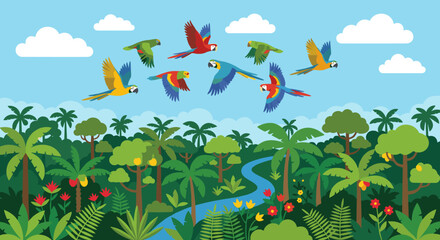 Obraz premium Colorful flock of cartoon macaw parrots flying in a blue sky over a lush tropical jungle with a river, palm trees, and flowers in a flat vector illustration style