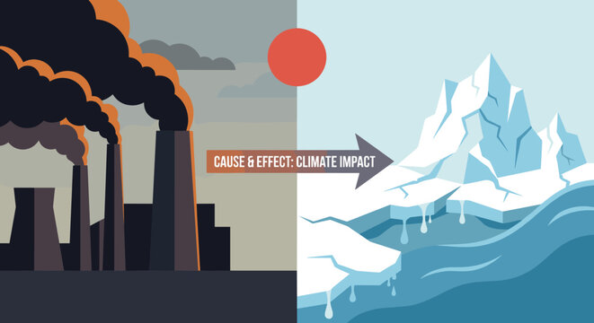 Climate change cause and effect illustration showing industrial factory pollution leading to melting glaciers and global warming in a flat vector graphic style