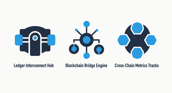 Blockchain and distributed ledger icons: interconnect hub, bridge engine, and cross-chain metrics, representing decentralized finance, network connectivity, and data exchange.