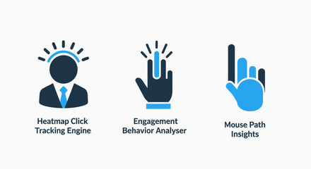 Obraz premium User engagement and behavior analysis icons: heatmap tracking, interaction analysis, and mouse path insights for web design.