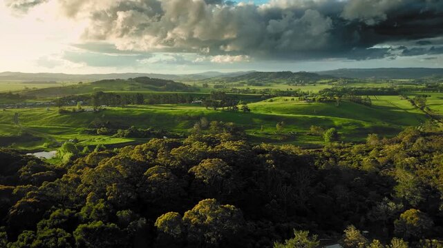 Cinematic Drone Footage of dramatic cloud scenery over New Zealands green landscape