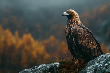 Fototapeta premium Majestic Golden Eagle stands proudly on a mossy granite rock with sharp focus on intense eyes and feathers against a blurred mountain backdrop.