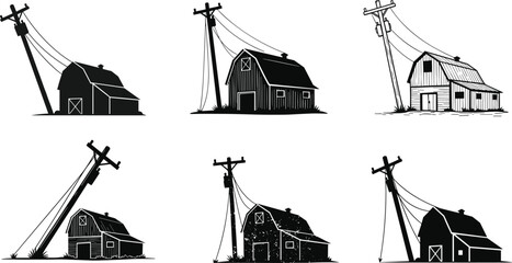 Silhouette illustration of six barns with leaning utility poles and power lines, showcasing rustic rural electricity distribution infrastructure designs © Ashik World