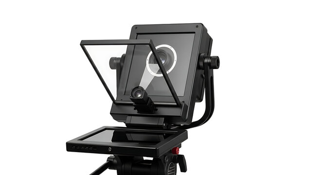 Professional broadcast teleprompter setup mounted on a tripod with camera lens visible behind reflective glass for television news reading and public speaking presentations