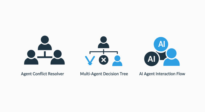 Flat icons depicting AI agent interactions and decision-making: conflict resolver, multi-agent decision tree, and AI interaction flow.