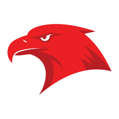 Red eagle head profile view illustration with sharp beak and intense gaze icon