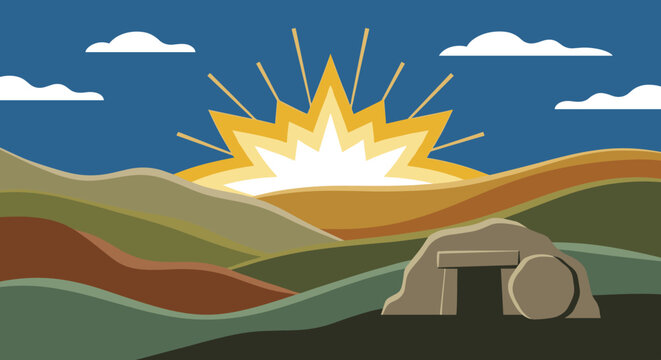 Empty tomb with the stone rolled away on a hillside during a bright, glorious sunrise, a flat vector illustration representing the Christian resurrection and Easter