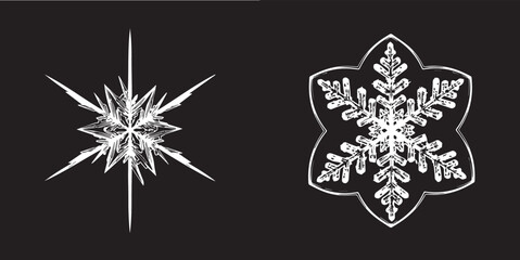 Two stylized white snowflake icons on a black background. One features sharp, needle-like radial points, while the other shows a classic dendritic structure inside a hexagonal border. © Muhammad