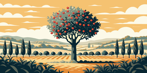 A stylized illustration of an apple tree in a rolling countryside landscape © Partha