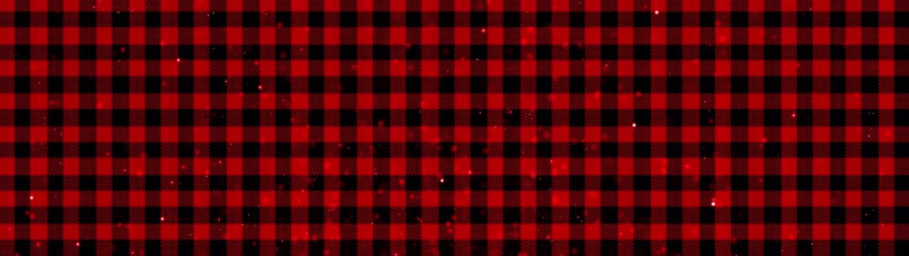Red and Black Plaid Pattern Background with Shimmering Particles for Christmas and Holidays