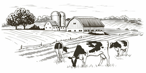 A picturesque countryside scene featuring a farm silos and grazing cows © Partha