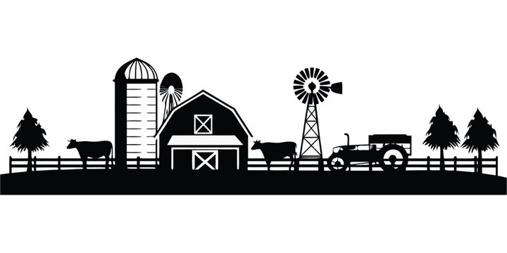 Black silhouette of a classic farm scene with buildings and livestock