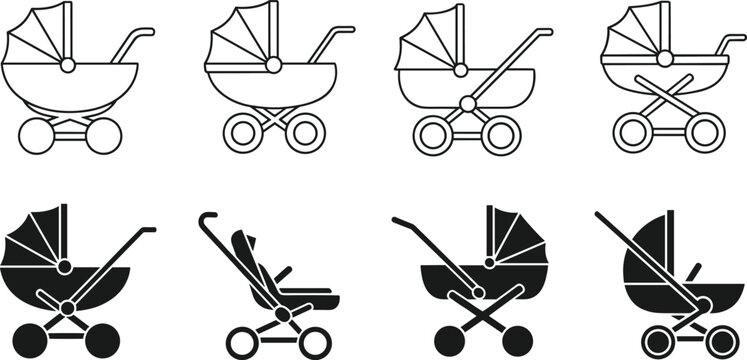 Baby stroller icon set, pram silhouette collection for infants, newborn carriage symbols, maternity and parenting vector, childcare equipment, nursery, family.
