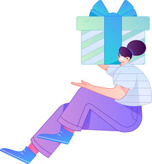 Obraz premium Character holding a gift box with a surprised expression, in a vector gradient illustration style. 