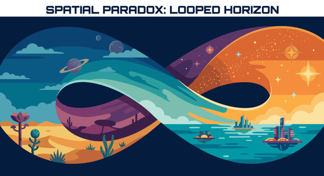 Abstract infinity symbol illustration with interconnected worlds showing a cosmic night sky, an alien desert, and futuristic floating cities in a surreal, paradoxical flat vector design