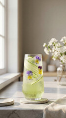Fresh cucumber sparkling drink with edible flowers in tall glass on marble table, soft sunlight from window creating bright healthy mood.