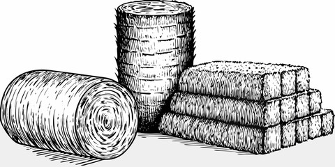 Vintage illustration of stacked hay bales and a cylindrical roll © Partha