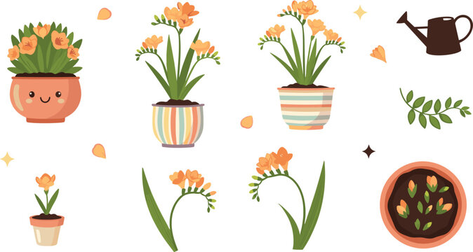 Potted flower houseplant vector set with blooming indoor plants watering can and leaves for home gardening and spring decor design.